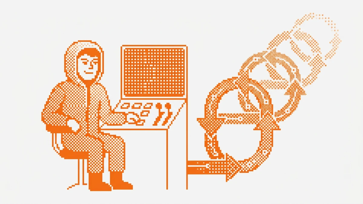 Dithered pixel-art of a person running the live system from a control panel